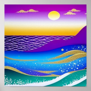 Púrpura e Dourado Sol pelo mar Poster
