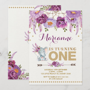 Púrpura Elefante Floral Boho Convite de Aniversári