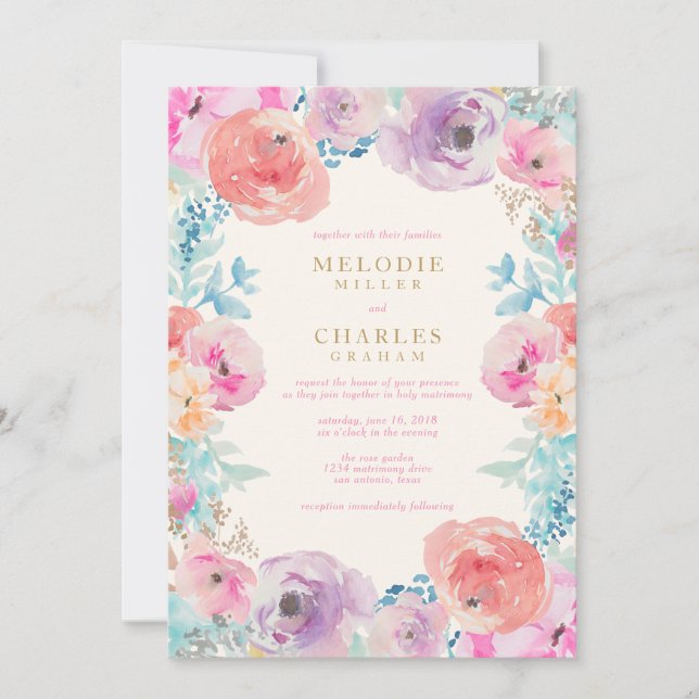 Púrpura Rosa Vintage Convite Floral Para Casamento (Frente)