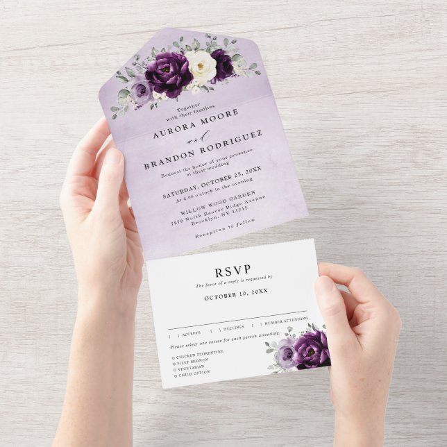 Púrpura Roxo Pera Marinha Branca Casamento Floral  (Aba destacável)