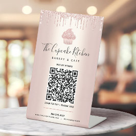QR Code Pay Here Rosa Dourado Cupcake Glitter Bake