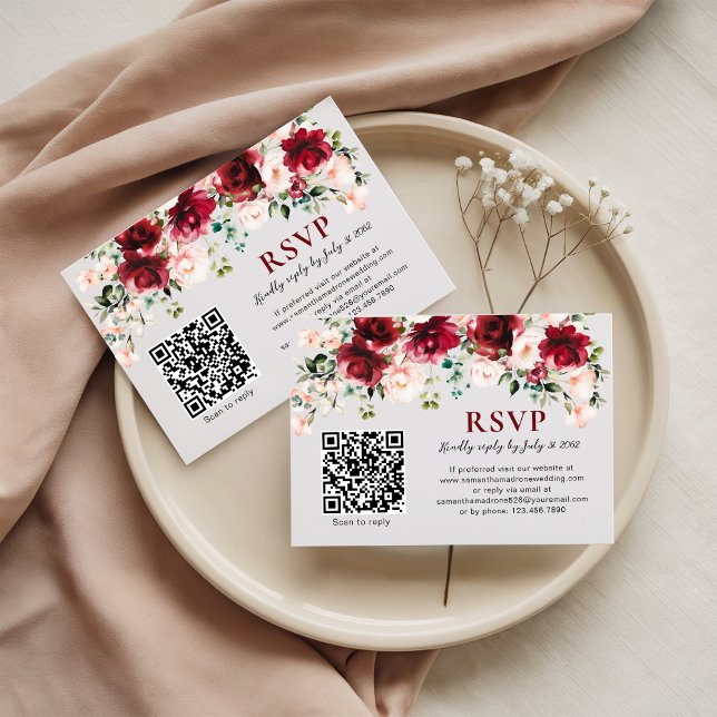 QR Code RSVP Card Burgundy Blush Floral Wedding (Criador carregado)
