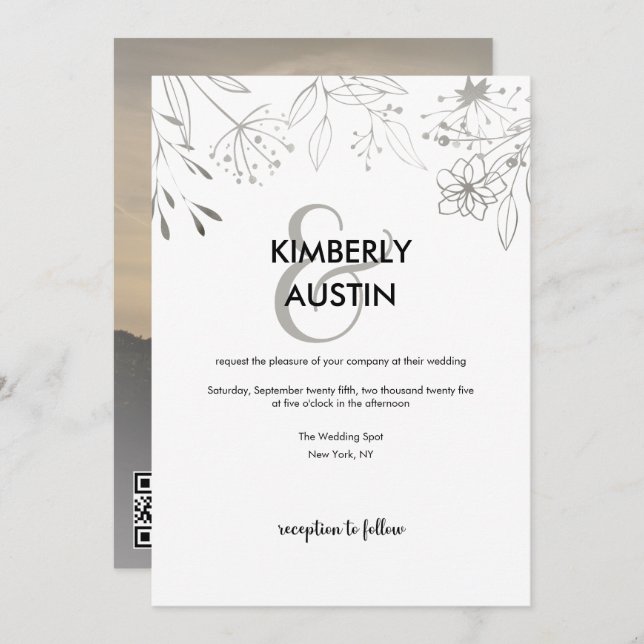 QR Code Silver Floral Wedation Convite (Frente/Verso)