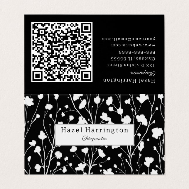 QR Floral Moderno Cartão de visita Preto Branco Do (Exterior Desdobrado)