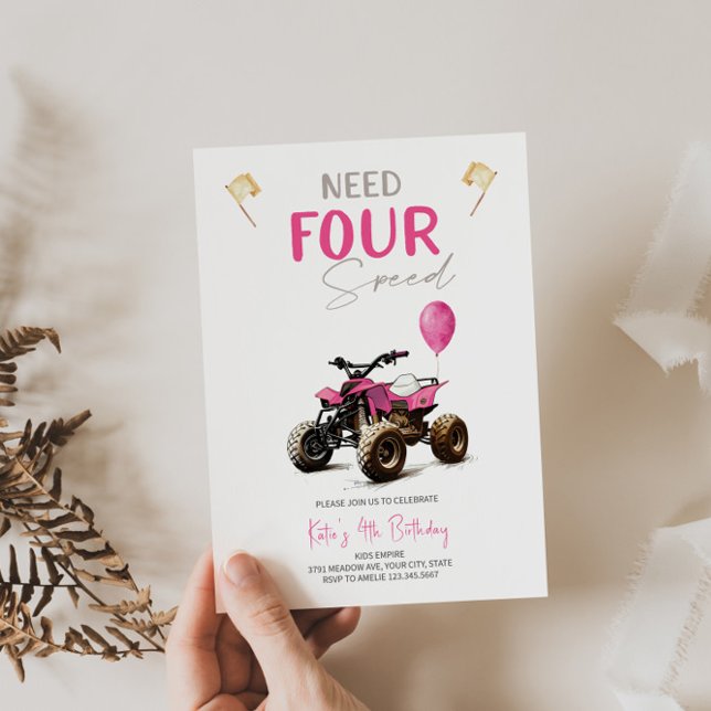 Quad Bike Cor-de-Rosa 4º Convite de Aniversário (Criador carregado)