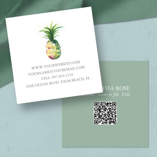 Quadrado Abacaxi Modelo de cartão de visita (Custom business cards feature unique pineapple watercolor art by Victoria Grigaliunas)