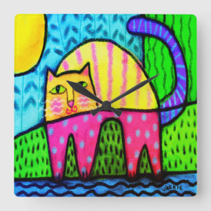 Quadrado Abstrato de Gato Funky pintando relógio grande