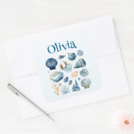Quadrado Adesivo Concha Azul | Nome Personalizado