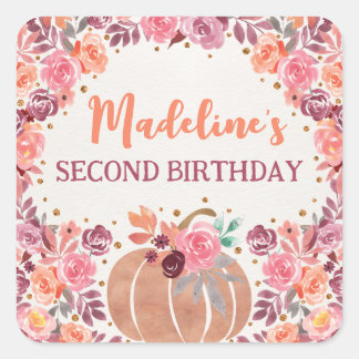Quadrado Adesivo de 2º Aniversário Little Pumpkin Boho Flor