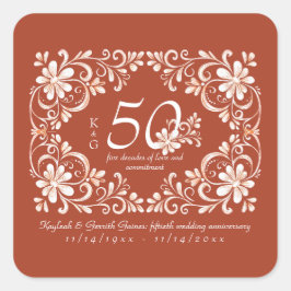 Quadrado Adesivo de 50º Aniversário Sunset Rust Shabby Chic