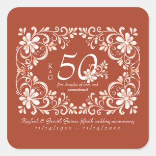 Quadrado Adesivo de 50º Aniversário Sunset Rust Shabby Chic