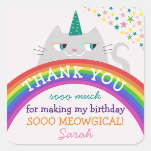 Quadrado Adesivo de Agradecimento de Aniversário Gato Chuva