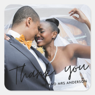 Quadrado Adesivo de Agradecimento de Casamento com Foto e L