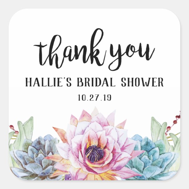 Quadrado Adesivo de Agradecimento Suculento (Frente)