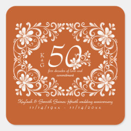 Quadrado Adesivo de aniversário de 50 anos Burnt Orange Sha