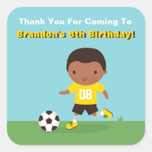 Quadrado Adesivo de Aniversário de Futebol de Menino Afro-A
