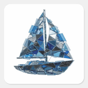 Quadrado Adesivo de arte de barco à vela de vidro azul prat