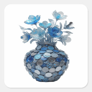Quadrado Adesivo de Arte para Vaso de Floral Azul Prateado