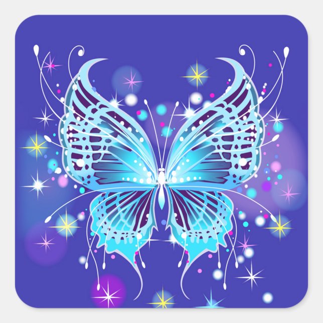 Quadrado Adesivo de Borboleta Luminosa Azul ("Send a little sparkle with every letter")