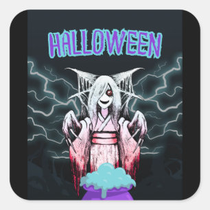 Quadrado Adesivo de Bruxa Yokai Assustador de Halloween