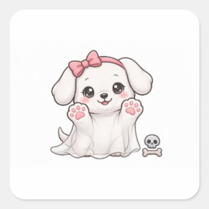 Quadrado Adesivo de Cachorro Fantasma Fofinho com Laço Rosa