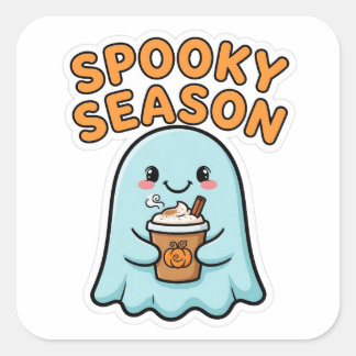 Quadrado Adesivo de Café com Abóbora e Fantasma Fofo da Tem