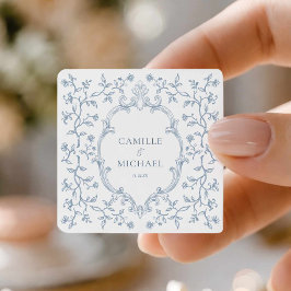 Quadrado Adesivo de casamento com brasão de Toile Azul Eleg