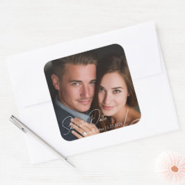Quadrado Adesivo de casamento com foto personalizada e text