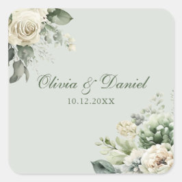 Quadrado Adesivo de casamento floral verde suave de sálvia