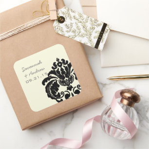 Quadrado Adesivo de Casamento Preto Damask Vintage
