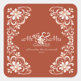 Quadrado Adesivo de Casamento Sunset Rust Shabby Chic Mr &
