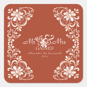 Quadrado Adesivo de Casamento Sunset Rust Shabby Chic Mr & 