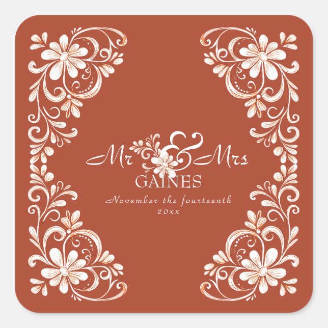 Quadrado Adesivo de Casamento Sunset Rust Shabby Chic Mr &  (Frente)