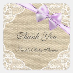 Quadrado Adesivo de Chá de Bebê com Laço de Sarjê e Lavanda