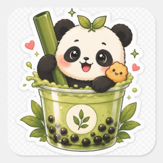 Quadrado Adesivo de Chá de Bolhas Matcha de Panda Fofo | An