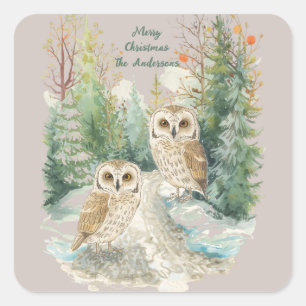 Quadrado Adesivo de Coruja de Natal – Aquarela da Floresta 