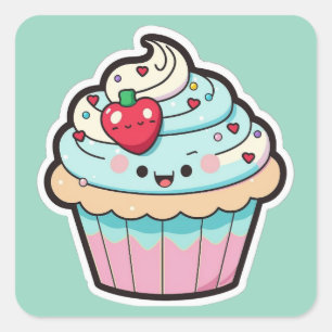 Quadrado Adesivo de Cupcake Kawaii do Dia dos Namorados
