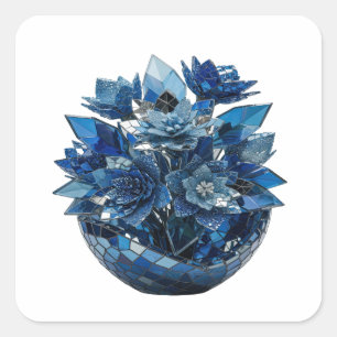 Quadrado Adesivo de design de FLORES DE VIDRO AZUL prateado