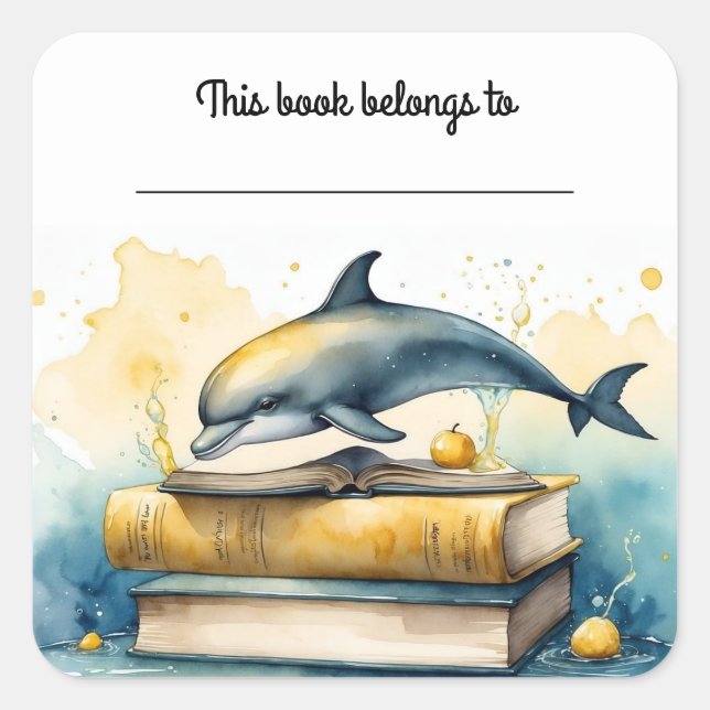 Quadrado Adesivo de Dolphin e Livros Editáveis (Frente)