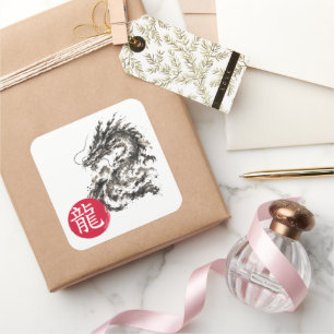 Quadrado Adesivo de Dragão Sumi-e Japonês