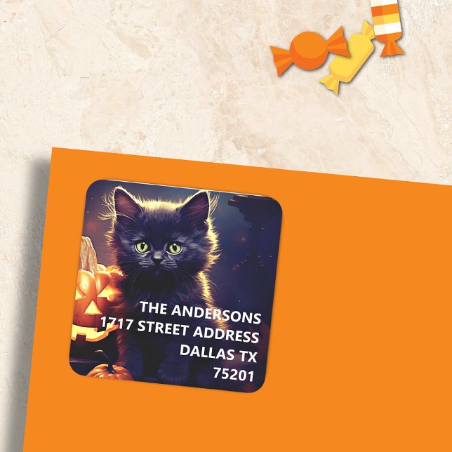 Quadrado Adesivo de Endereço de Halloween Black Kitten & Pu (Criador carregado)