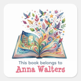 Quadrado Adesivo de Ex-Libris Personalizado com Livro Abert