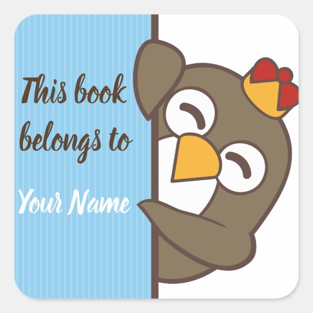 Quadrado Adesivo de Ex-Libris Personalizado de Pinguim (Frente)