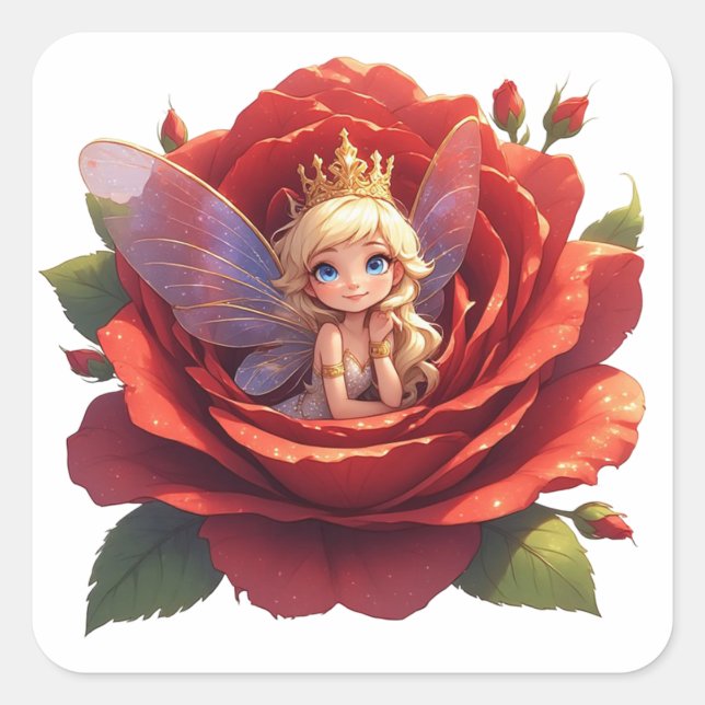 Quadrado 👑 Adesivo de Fada Princesa Rosa Para Presentes de (Frente)