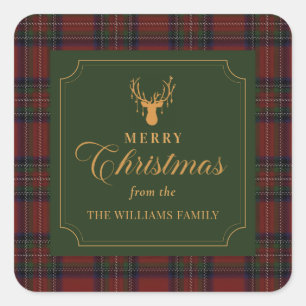 Quadrado Adesivo de Família Feliz Natal Xadrez Tartan