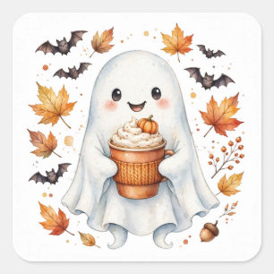 Quadrado Adesivo de Fantasma do Latte de Abóbora Assustador