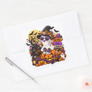 Quadrado Adesivo de Fantasma Fofo de Halloween | Vibrações