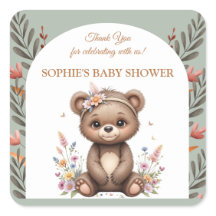 Adesivo de Favor da Festa de Bebê Urso Boho Flores