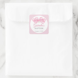 Quadrado Adesivo de Favor de Batismo com Laço Rosa Personal