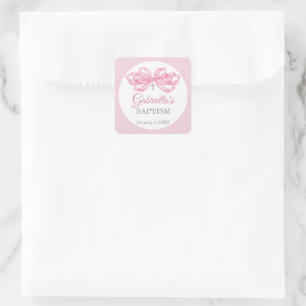 Quadrado Adesivo de Favor de Batismo com Laço Rosa Personal